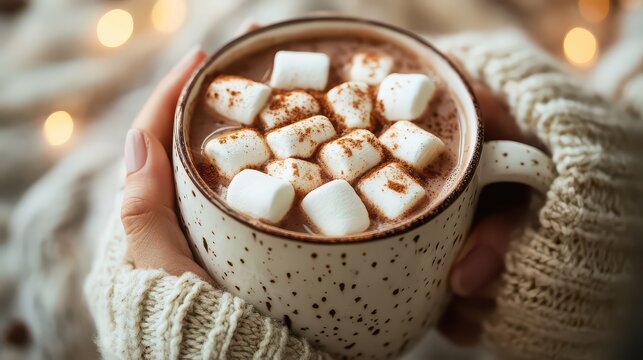 Close-up of hands holding a mug of hot cocoa with marshmallows in cozy setting