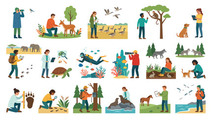Naklejka premium Flat Illustration of Wildlife Conservation and Scientific Research Activities