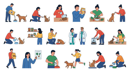 Fototapeta premium Flat Illustration of People Feeding and Caring for Pets, Pet Food