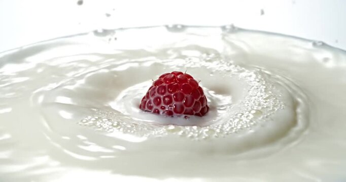 Splash of milk with a raspberry creating ripples in a serene white background