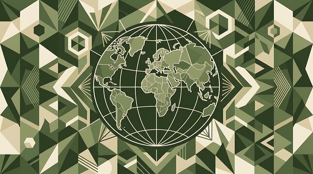 Earth globe on a green geometric camouflage pattern background