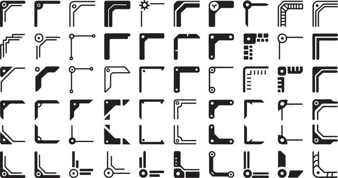 Comprehensive collection of 49 black representing diverse corner framing devices, and geometric connectors