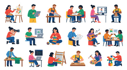 Fototapeta premium Diverse People Practicing Creative Skills, Hobbies Professions - Flat Vector Illustration Set