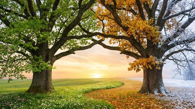 Two trees representing four seasons in a field at sunset