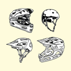 Naklejka premium Monochrome bicycle helmets vector illustration set