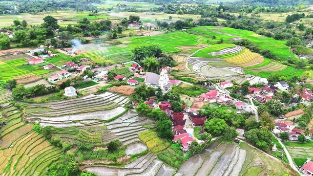 Cinematic aerial view of rice field and village around Lake Toba