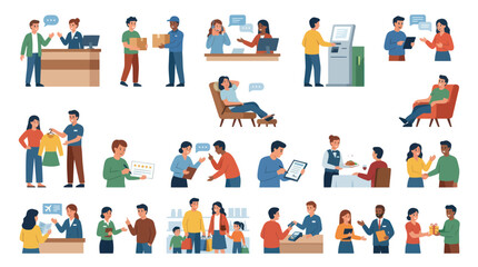 Fototapeta premium Customer Service and Business Interactions: Flat Vector Illustrations of Diverse People and Business Elements