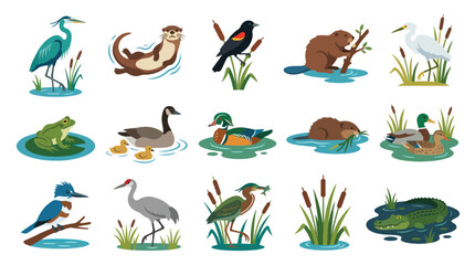 Fototapeta premium Flat Vector Art of Various Aquatic Animals and Birds in Nature