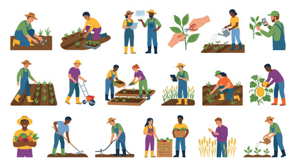 Fototapeta premium Flat Vector Illustration Collection of Farmers and Gardeners Working in Agriculture and Harvesting Crops