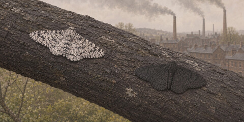 Obraz premium Peppered Moths Resting on Tree Branch with Industrial Background