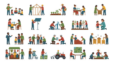 Fototapeta premium Flat Vector Illustration Set of Community Development, Agriculture, Education Sustainable Lifestyle Activities