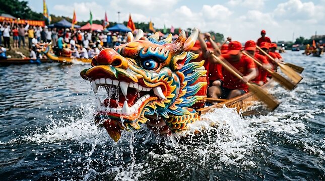 Dragon boat racing, colorful dragon head, paddlers in action, water sports, competition