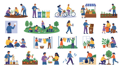 Naklejka premium Flat Vector Illustrations of People Practicing Eco-Friendly Habits and Sustainability