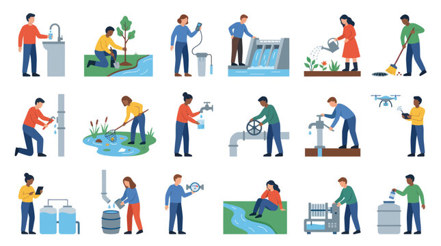 Water Resources Management Flat Vector Illustration Set. People Engaging in Conservation Activities