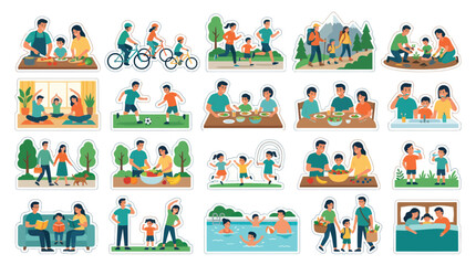 Naklejka premium Happy Family Lifestyle Activities Flat Vector Illustration Set for Health and Wellness