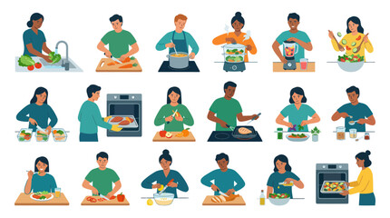 Fototapeta premium Healthy Eating and Cooking Process Flat Vector Illustration Set with People Preparing Food and Meals
