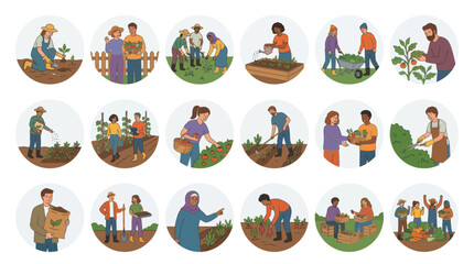 Fototapeta premium Diverse Farmers Cultivating Vegetables in Garden, Flat Illustration Style