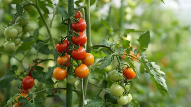 Fresh ripe and unripe tomatoes growing on vine in garden with green leaves and blurred background perfect for agriculture or healthy eating concepts and advertising