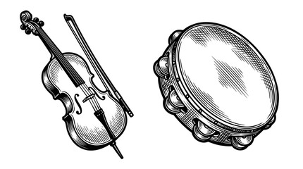 Cello and Tambourine Illustration: Classical vs Folk Music Instruments © kntl