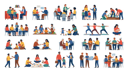 Fototapeta premium Diverse People Family Education Community Activities Flat Vector Illustrations