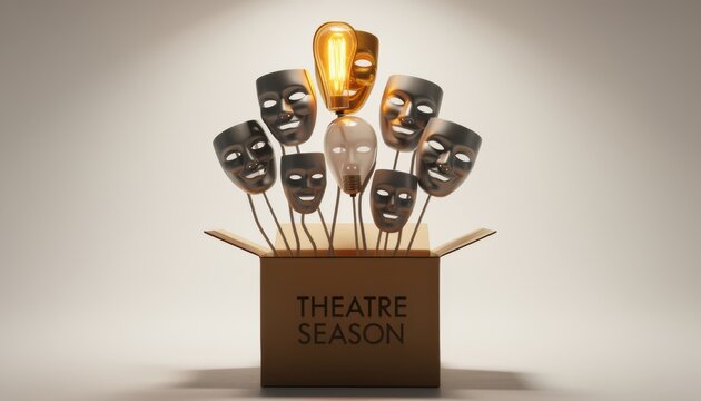 A glowing golden theater mask lightbulb rises from a group of grey masks in a box, signifying a standout performance for arts advertising