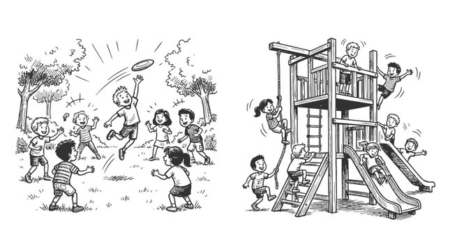Children playing frisbee and playground fun, sketch style