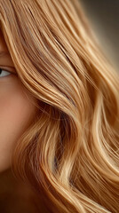 Fototapeta premium Woman Looking Forward Past Wavy Strands Of Golden Blonde Hair Wearing Neutral Outfit