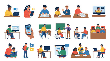 Fototapeta premium Flat Style Vector Illustrations of Diverse Students in Online and In-Person Education