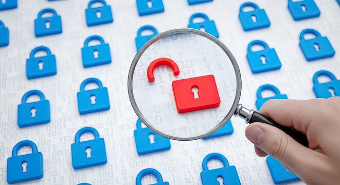 Hand holding magnifying glass over an open red padlock symbolizing security breach data vulnerability and cyber threat detection against a backdrop of numerous blue locked padlocks