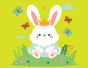Obraz premium Cute white bunny wearing a gold crown in a spring meadow vector illustration