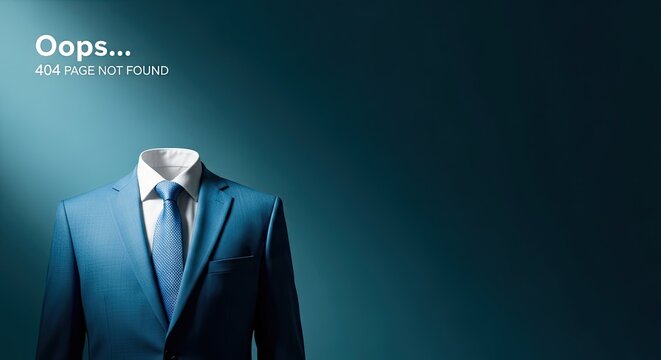 Professional mannequin in blue business suit with tie and white shirt isolated on teal gradient background with oops
