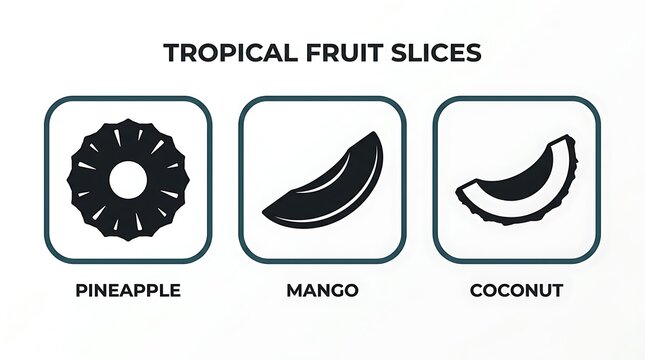Tropical fruit slices pineapple mango coconut.