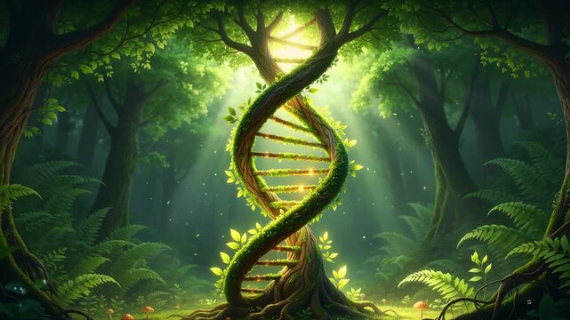 Magical forest scene with glowing DNA shaped tree and lush green foliage in sunlight