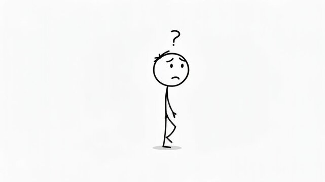 Confused stick figure character with question mark expressing uncertainty and doubt on white background