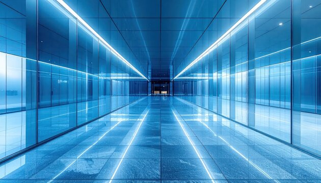 Futuristic blue glass hallway with glowing neon lights