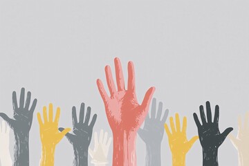 Fototapeta premium Colorful hands raised together in unity gesture against plain background