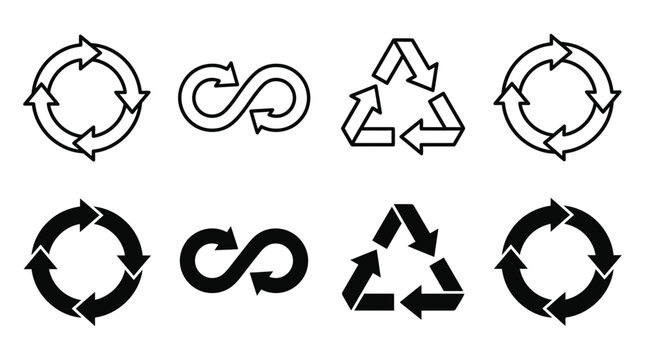 Recycling and continuous symbol icons with recycling infinity sustainability continuous environment reusable