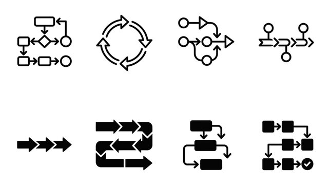 Business process flowcharts and organizational workflow diagram icons with flowchart workflow business management