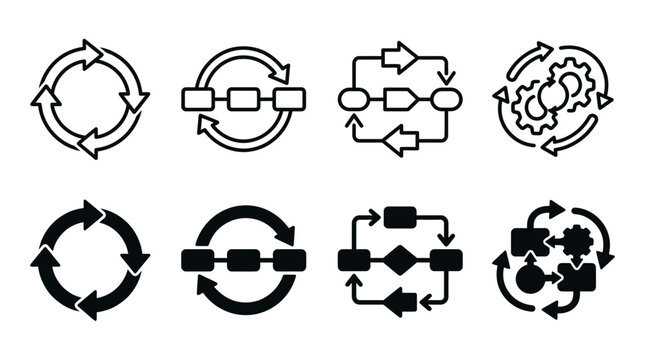 Circular process and workflow icons gear integration and project flow symbols circular workflow cogwheel strategy
