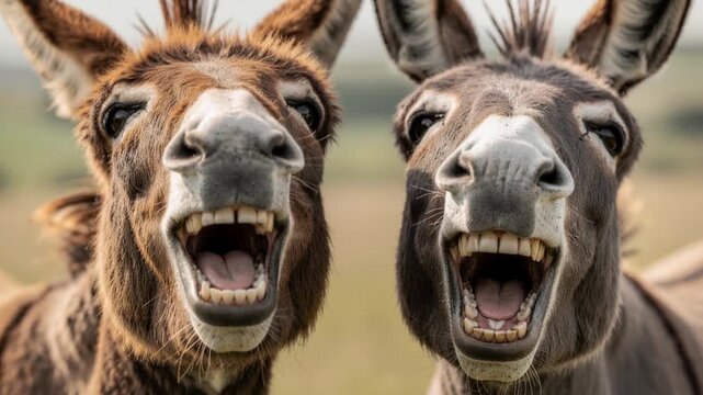 Close up of two donkeys laughing with open mouths in natural outdoor setting