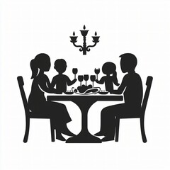 Fototapeta premium Family Thanksgiving Dinner Silhouette at Dining Table Black and White Holiday Celebration Vector Illustration