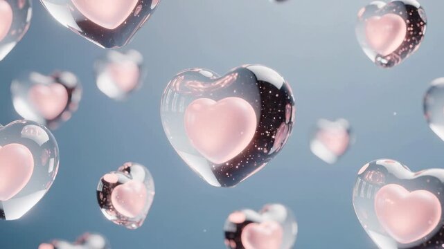 Floating transparent hearts with glowing pink centers on soft blue background for love and romance concepts