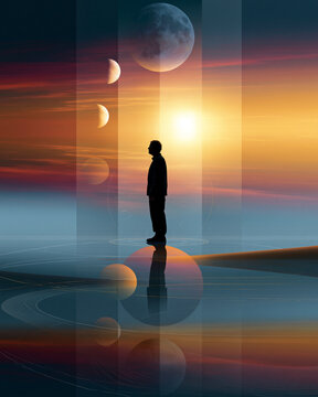 Human silhouette with sunrise moon phases and cellular clock graphics showcasing circadian rhythm science and biological timing concept