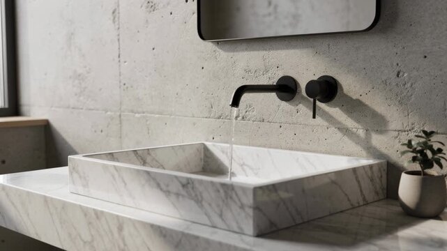 Modern marble bathroom sink with sleek black faucet and natural light in minimalist design
