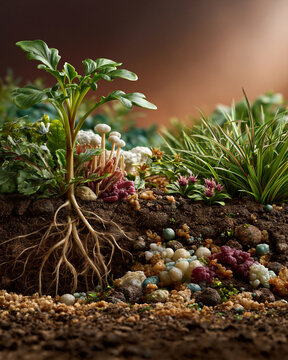 Healthy soil cross section with plant roots bacteria fungi and organic particles showcasing regenerative agriculture and soil microbiome science