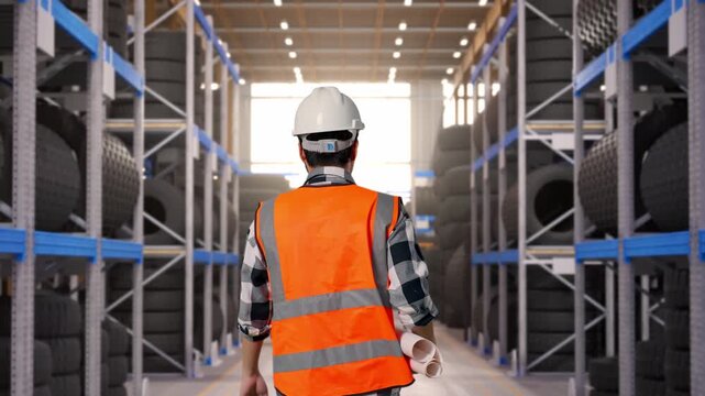 Back of Asian Male Engineer Holding Blueprint While Walking at Tire Warehouse Interior with Industrial Shelving Racks