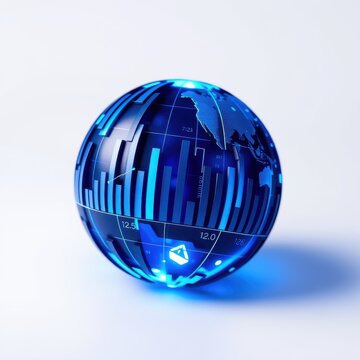 Blue globe displays data visualizations. Charts, numbers, continents visible. Represents global finance, technology, connections.