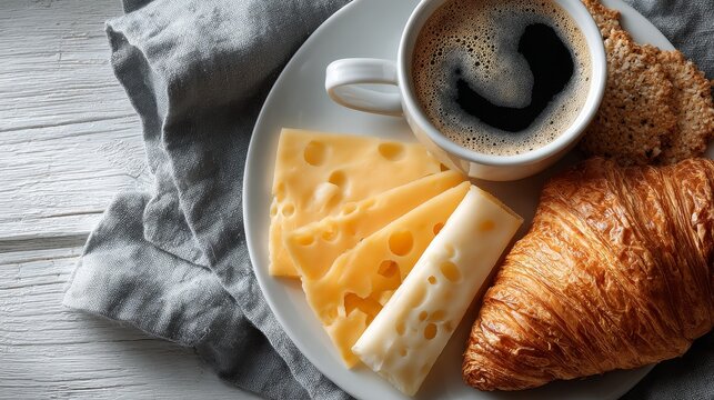Minimal top-down flat lay of a French breakfast on a white wooden table with croissant, cheese slices, crunchy rusks and a partial coffee cup, food arranged to one side with large negative space.