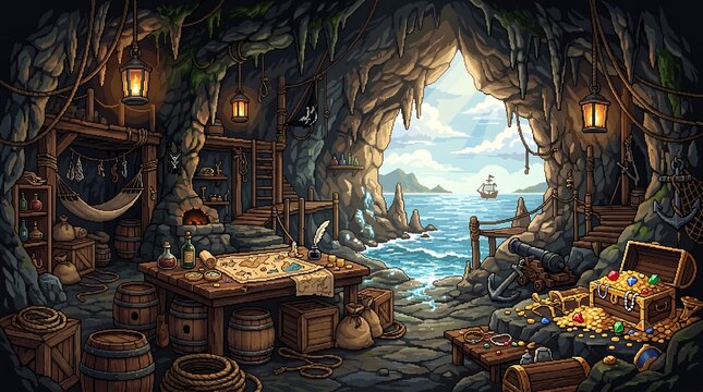 Detailed pirate hideout inside a rocky cavern with treasure and ocean view on white background