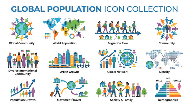 A colorful illustration collection depicts various global population icons and symbols.